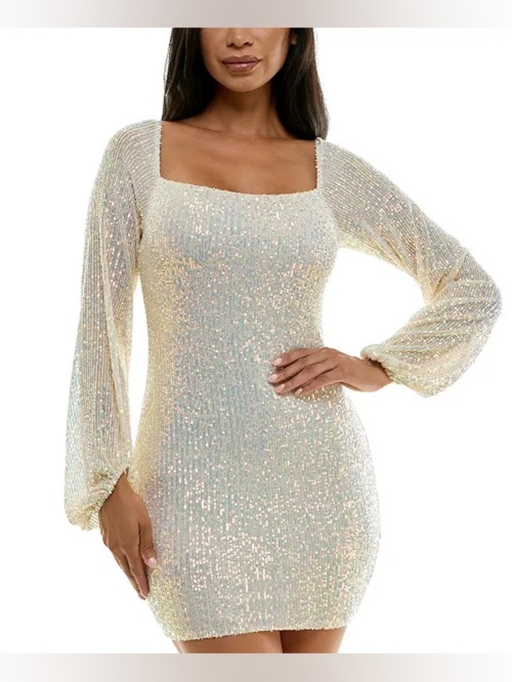 Emerald Sundae Women's Juniors Ivory Sequin Blouson-Sleeve Bodycon Dress
